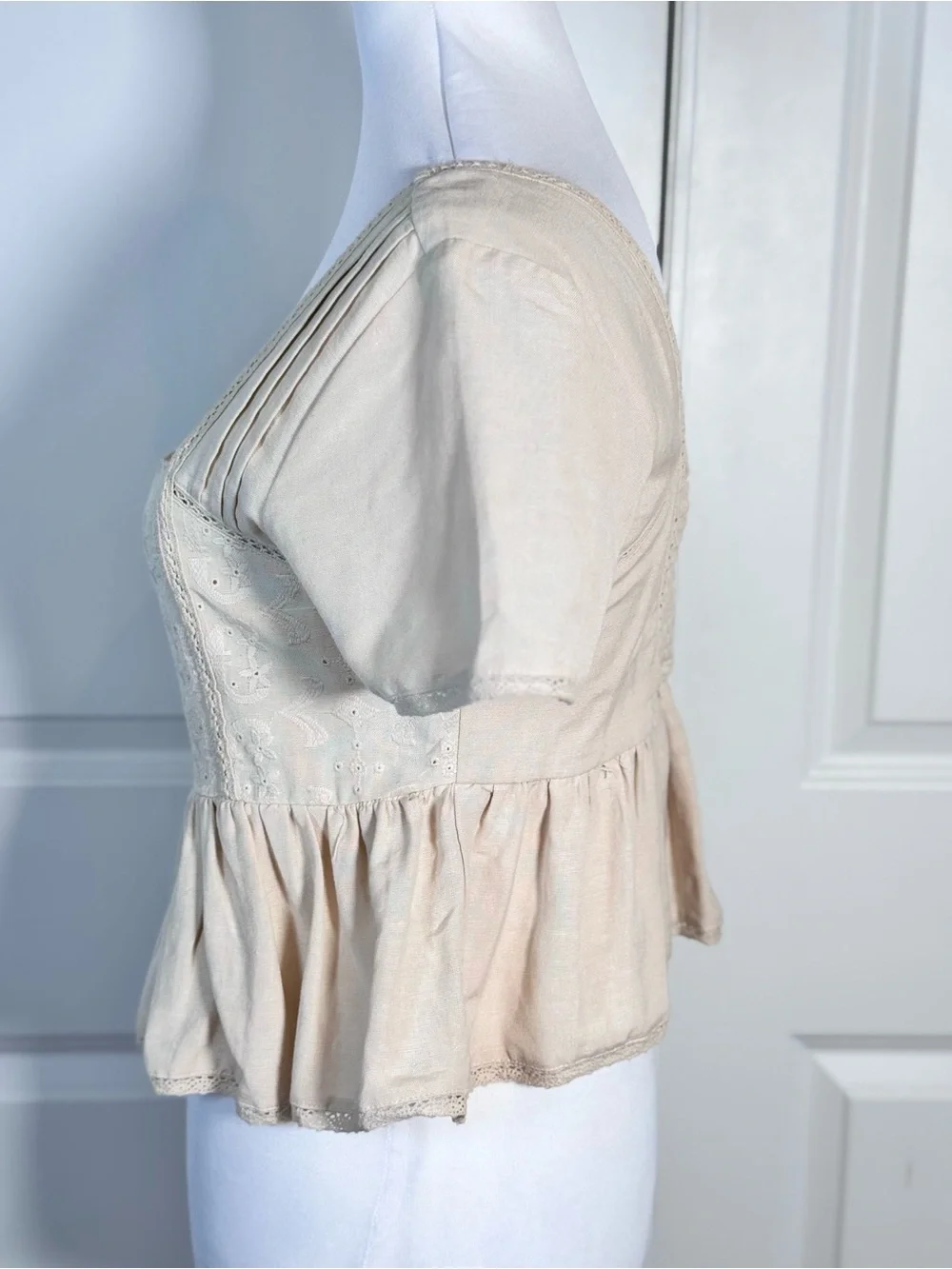 Cream Linen Blend Eyelet Peplum Top S Square Neck Cottagecore Coquette Prairie